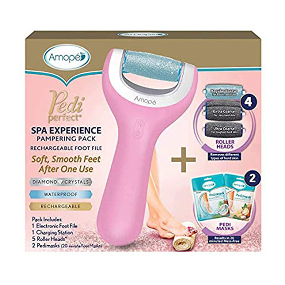 Amopé Pedi Perfect Spa Experience Pampering Pack Wet Dry Electronic Foot File Rechargeable Cordless Dual Speed Includes 5 Rollers & 2 Pedimask - MZR Trading